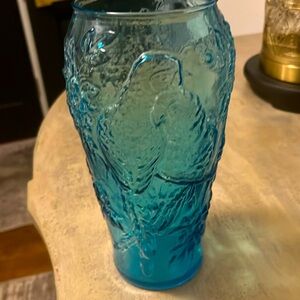 Vintage: Indiana Glass Tiara Exclusives Parrot and Floral 9 Inch Vase Aqua Blue